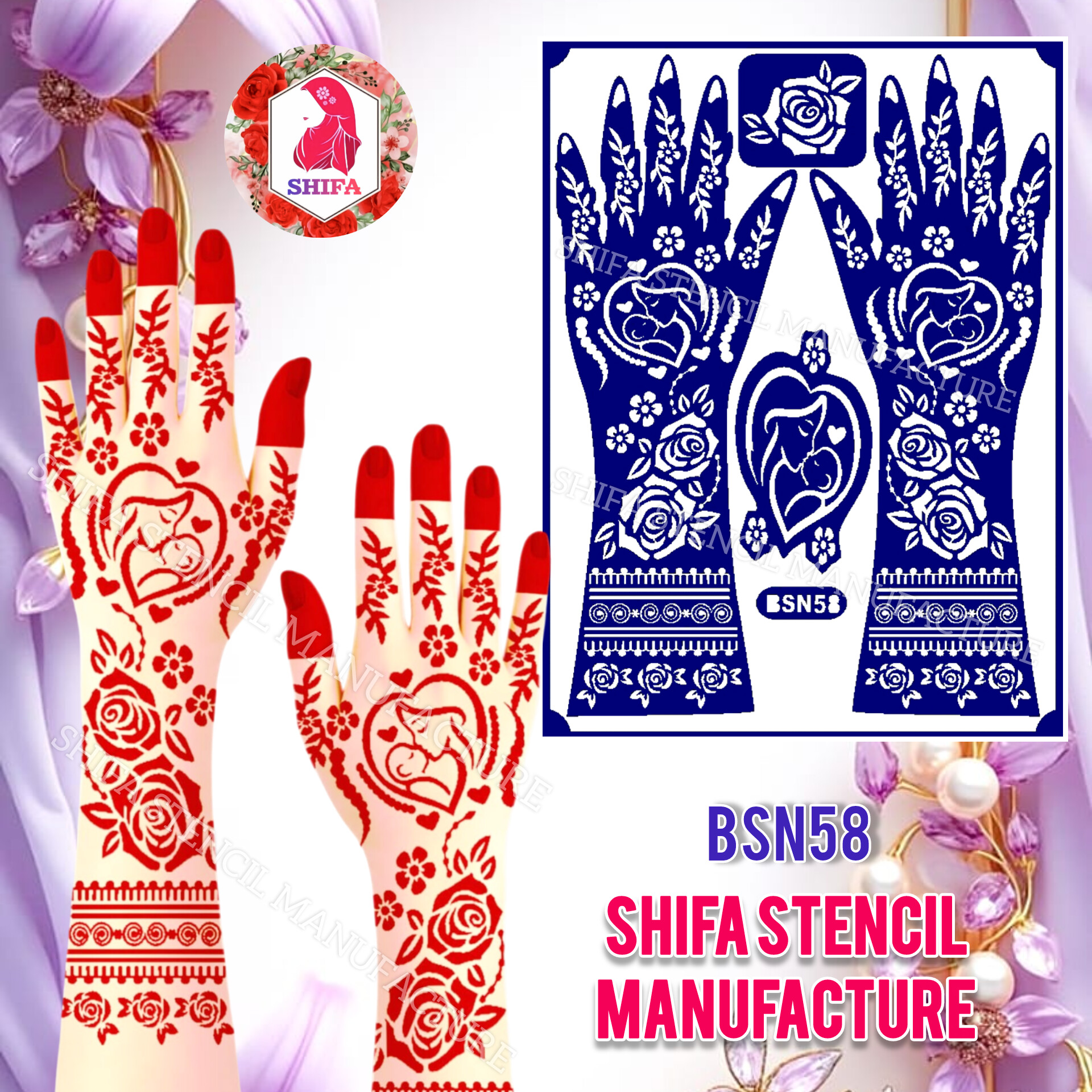 BSN 58 Mom with Baby Themed Floral design Sticker Overview  Henna Stencil - Shifa Stencil